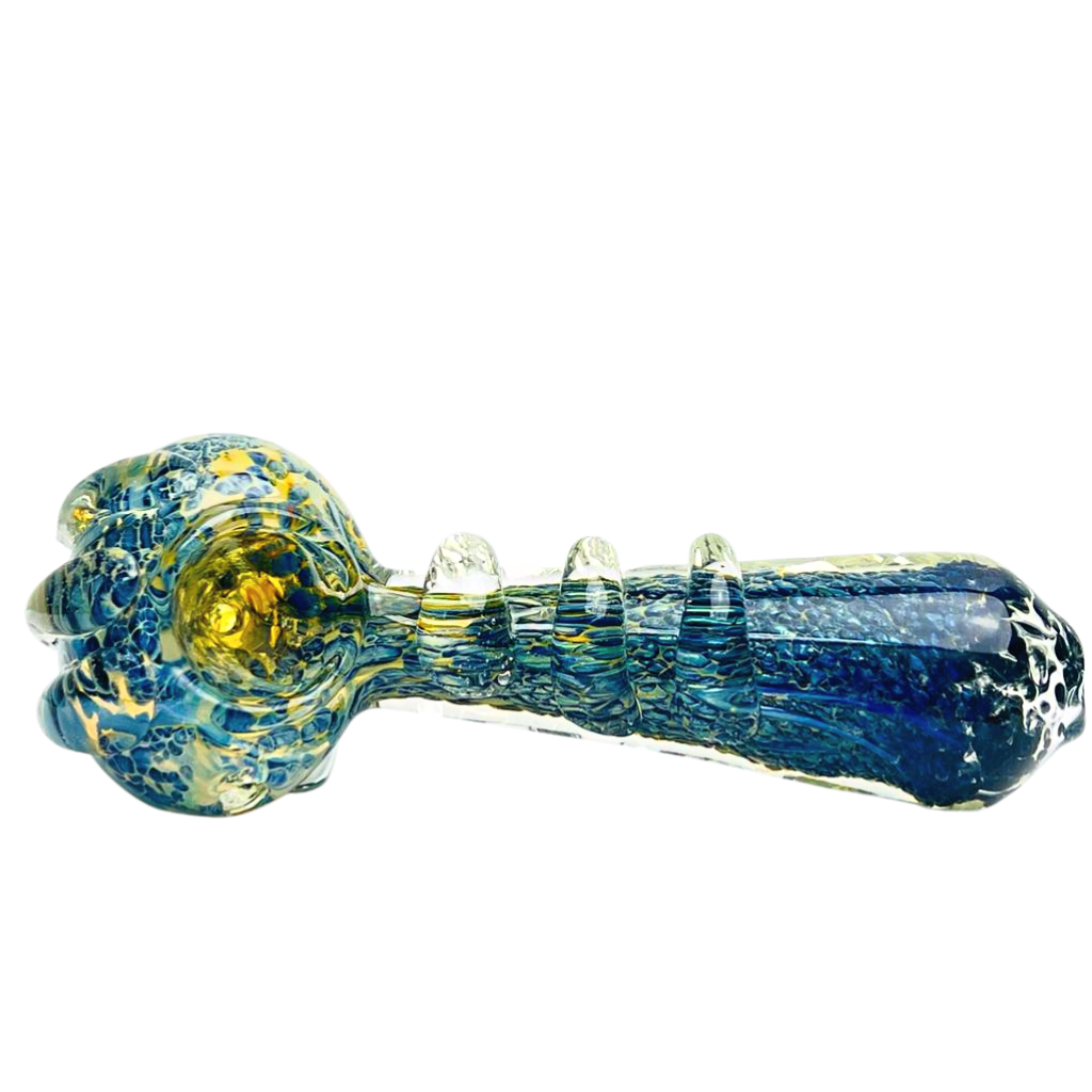 Blue Speckled Hand Pipe with Clear Design
