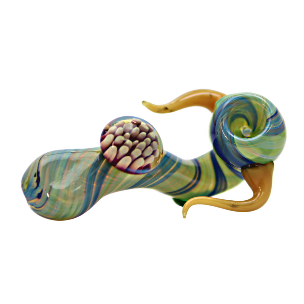 Blue Swirl Curved Hand Pipe with Implosion and Horns