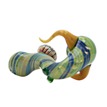 Load image into Gallery viewer, Blue Swirl Curved Hand Pipe with Implosion and Horns
