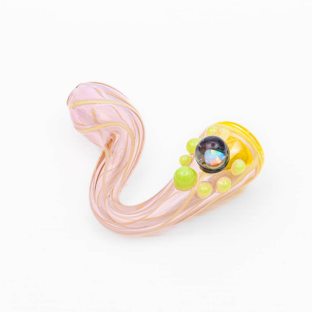 Handle Glass Pink with White Swirl with Yellow Opal Sherlock Hand Pipe