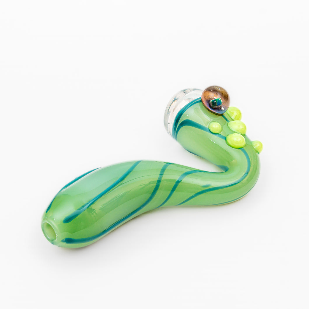 Handle Glass Green with Blue Swirl with Opal Sherlock Hand Pipe
